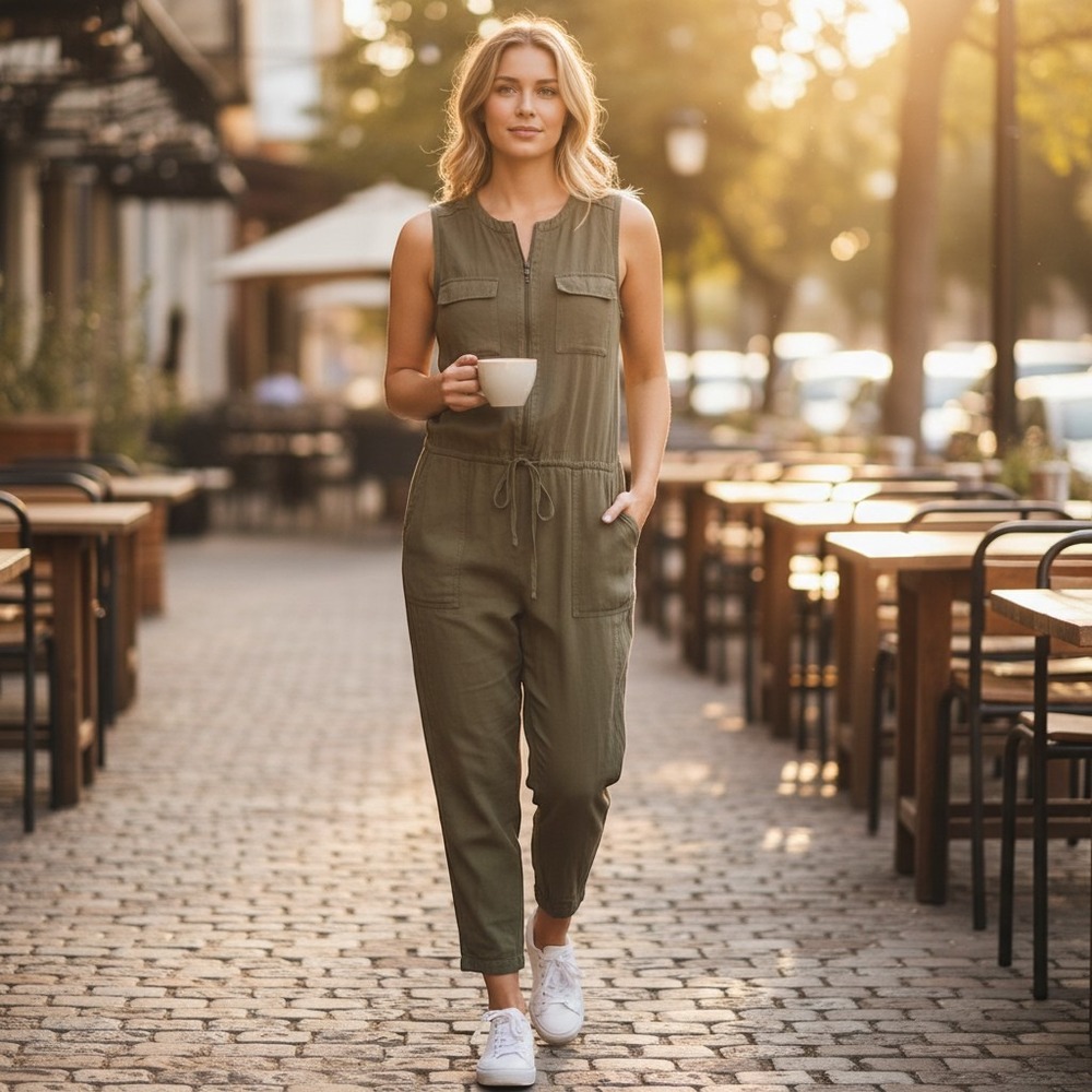 Elevenses‎ Anthropologie Olive Green Utility Sleeveless Zipper Jumpsuit XS